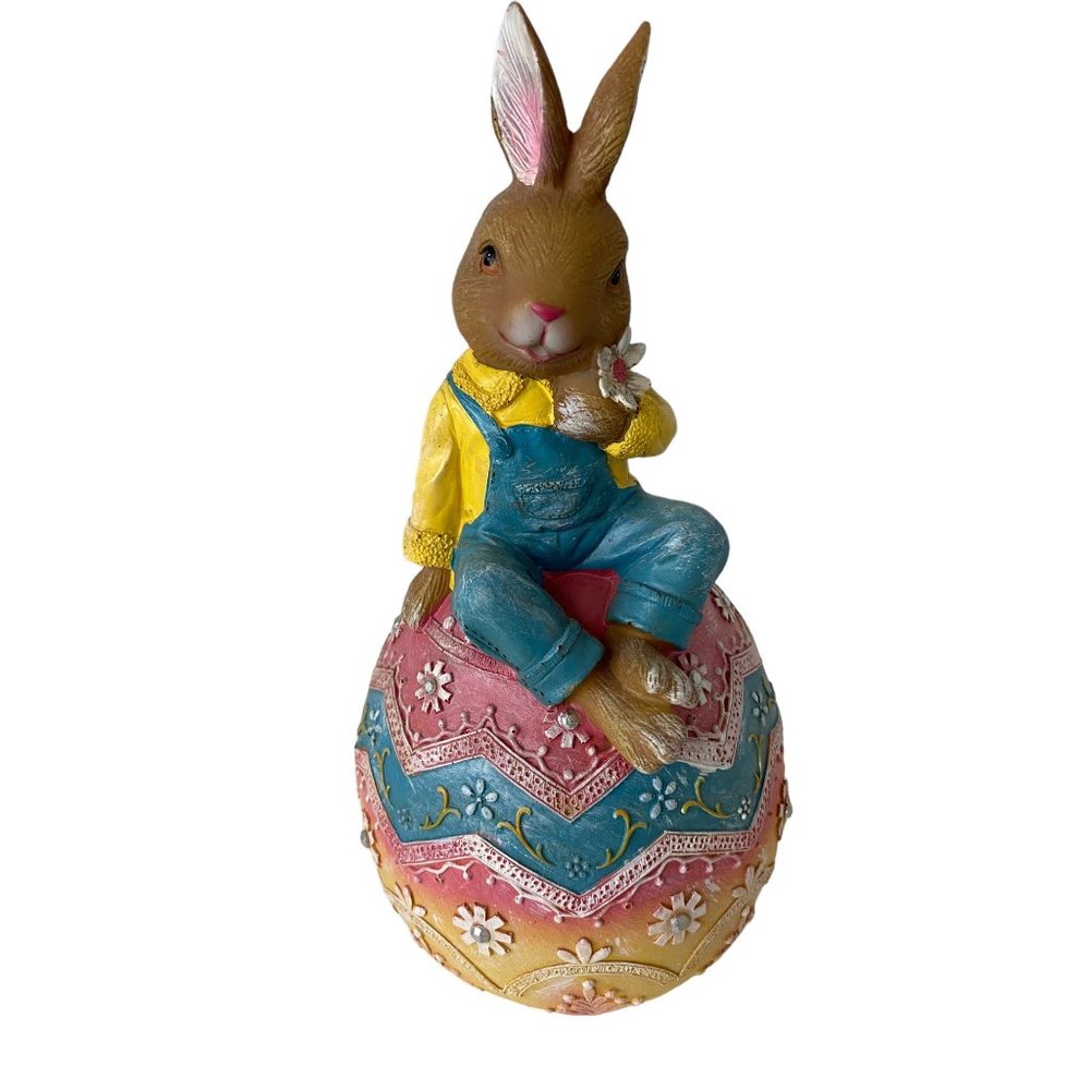 Easter resin egg with‎ sitting bunny daisy flower decor multicolor 11"